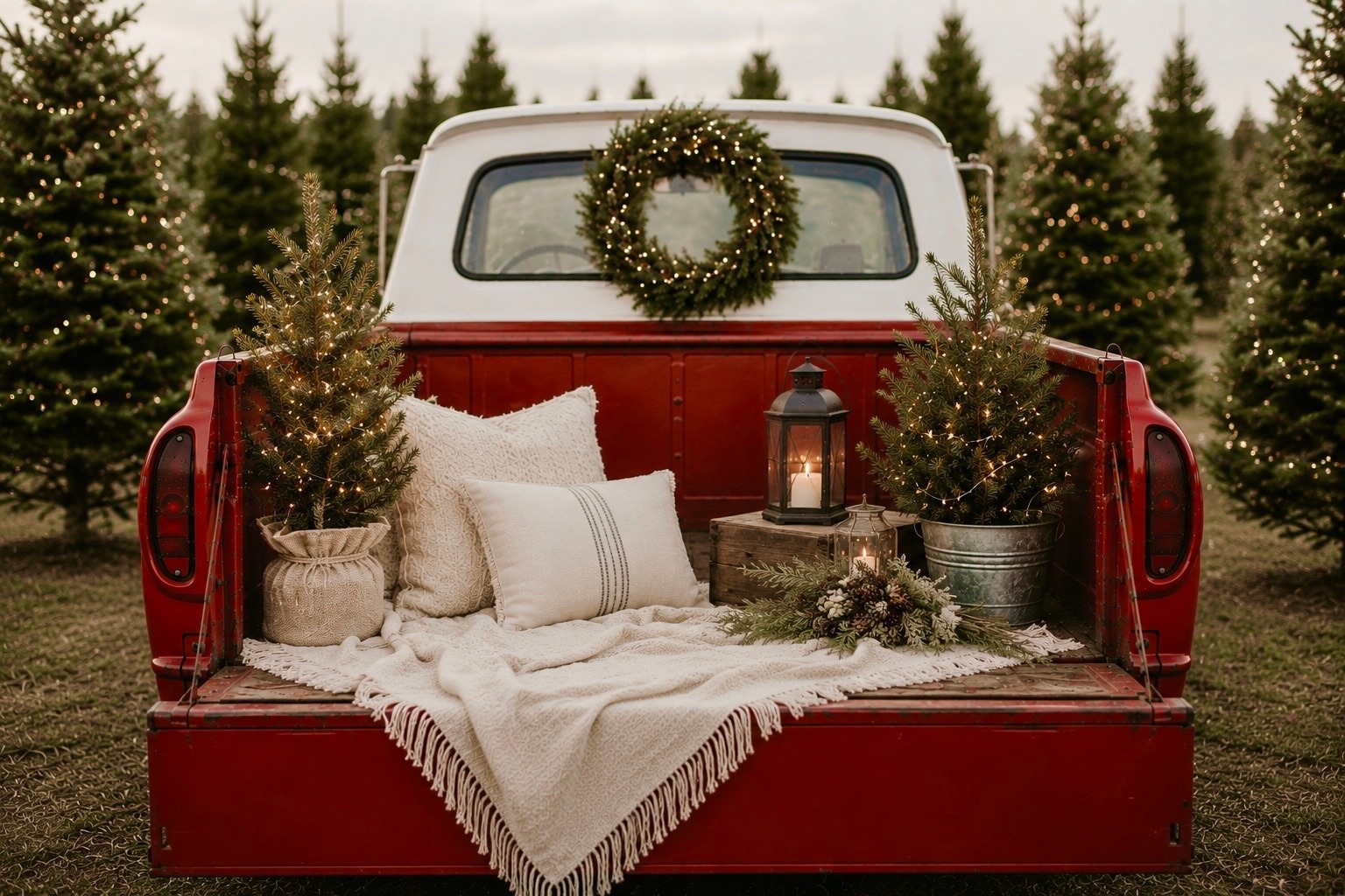 Vintage red truck styled with a wreath, blankets and lit mini trees at a Christmas tree farm in Denmark Wisconsin