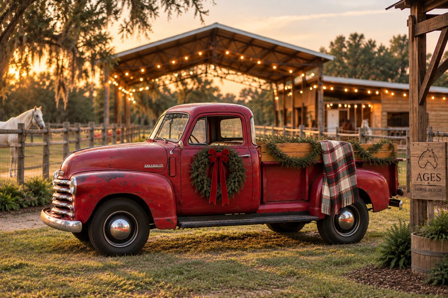 Vintage red truck styled for Christmas with a wreath, blankets and lit mini trees at a farm near Tampa